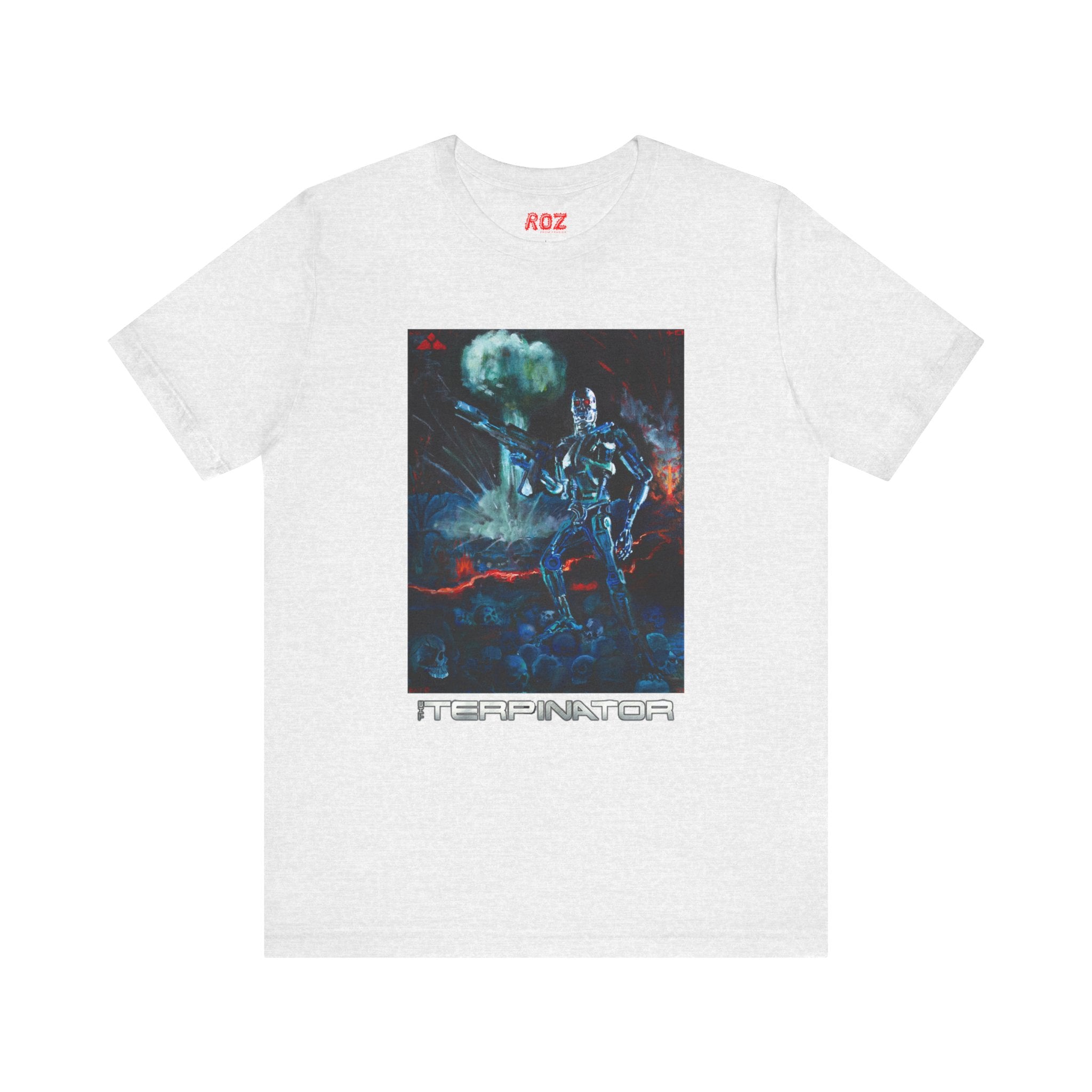 The Terpinator Tee by Printify is a white t-shirt made with soft Airlume combed cotton, featuring a metallic humanoid robot with a weapon amid skulls and flames, and "TERMINATOR" printed below in bold metallic letters.