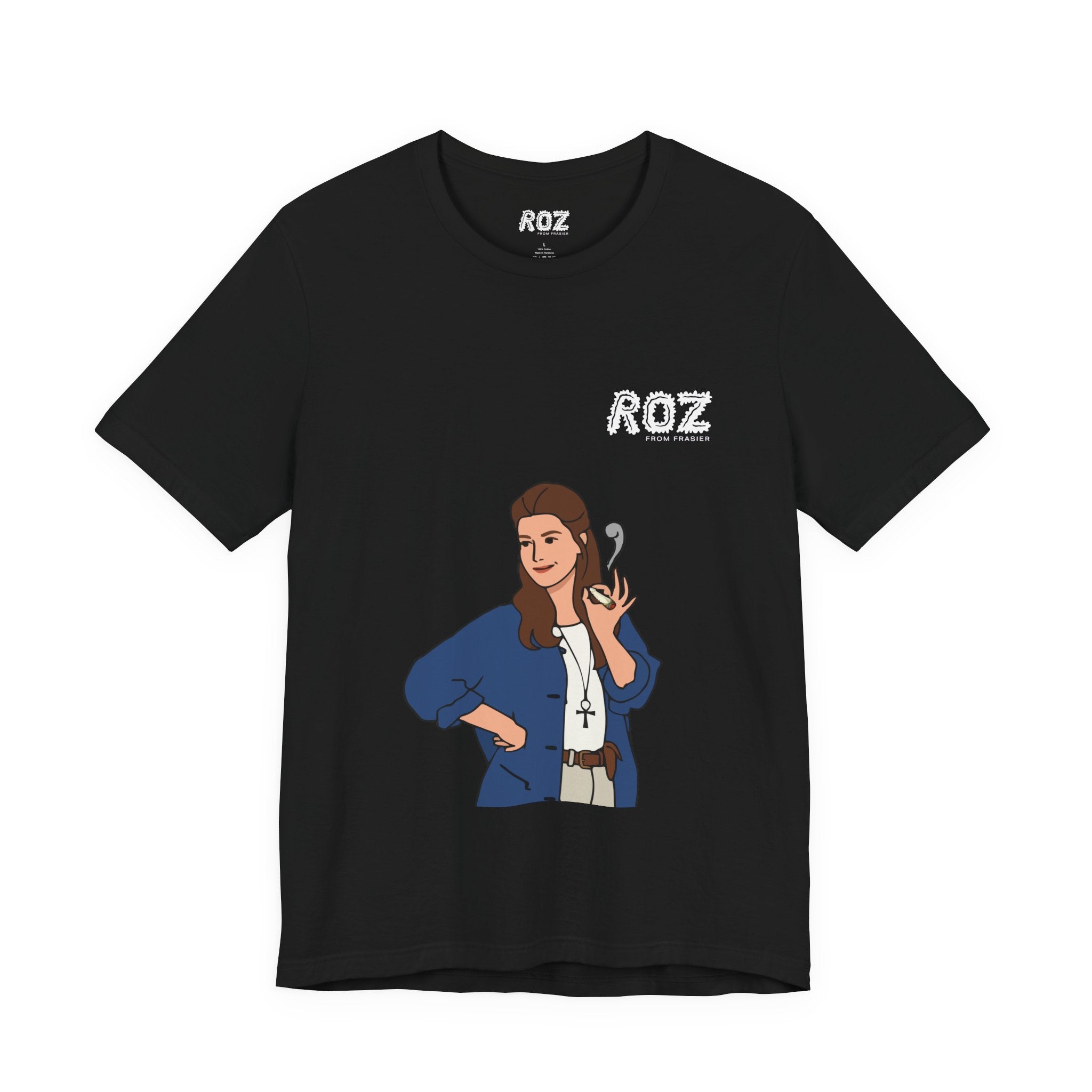 The Roz from Frasier T-Shirt by Printify features a cartoon woman with long brown hair in a blue jacket holding a spoon, with "ROZ" above her—a must-have for Frasier fans.