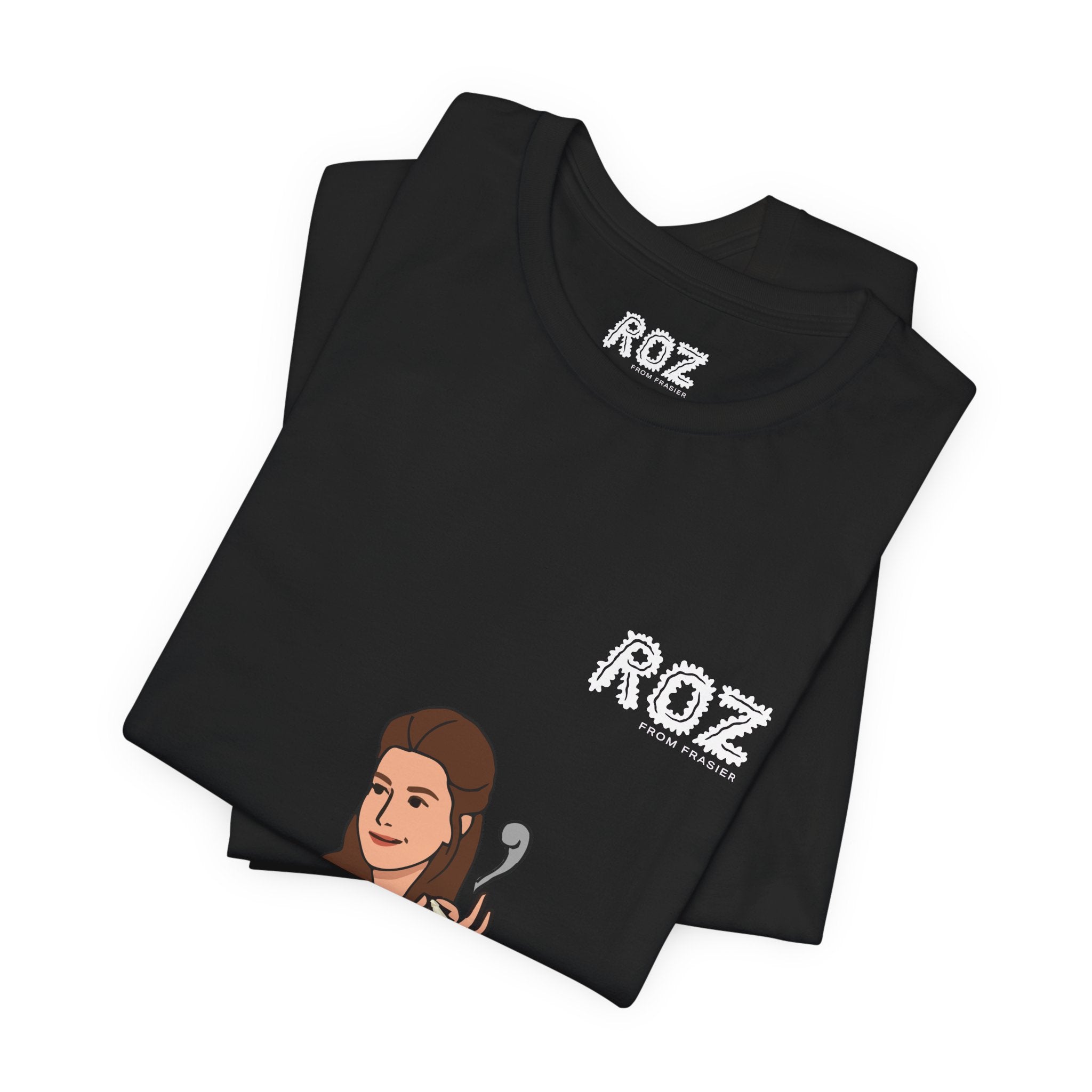 The Roz from Frasier T-Shirt by Printify features a cartoon woman with long brown hair in a blue jacket holding a spoon, with "ROZ" above her—a must-have for Frasier fans.