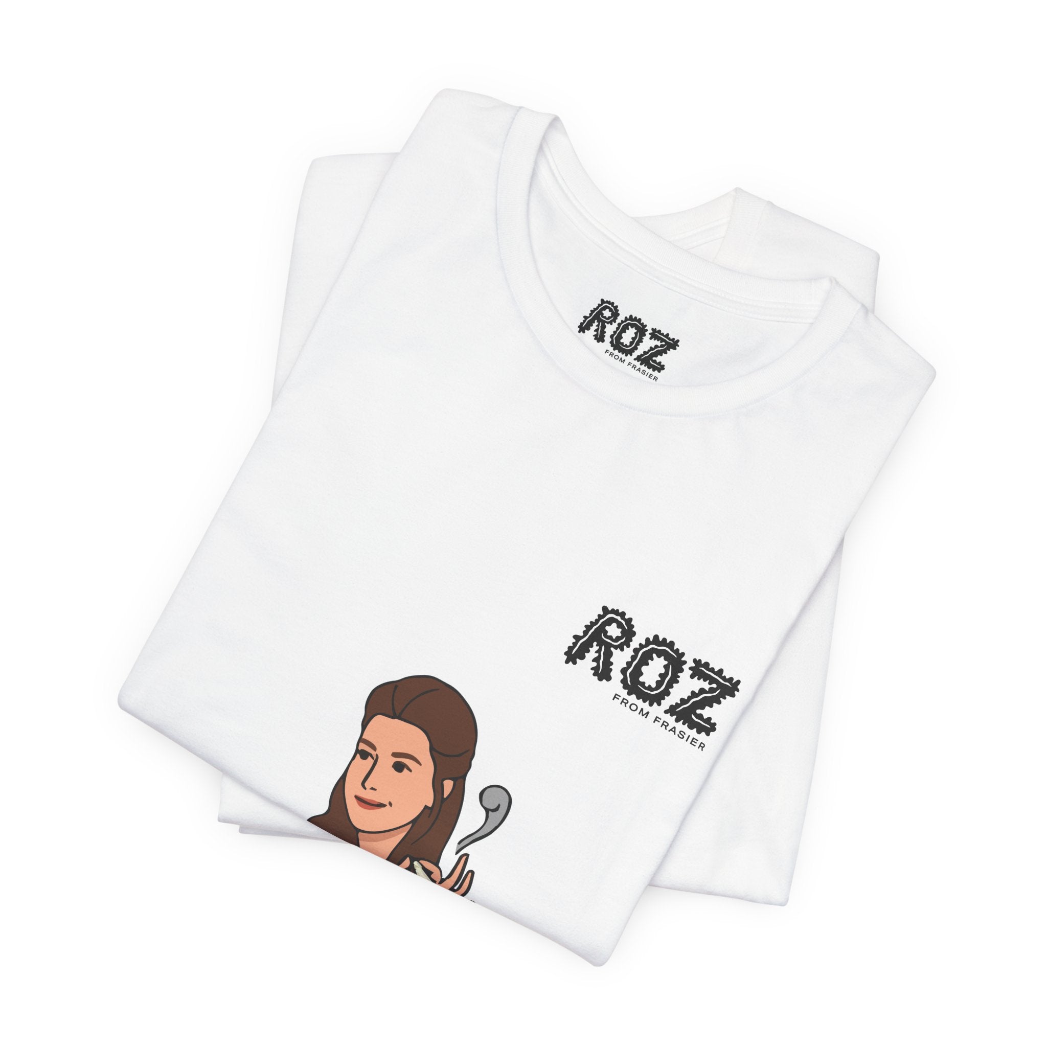 The Roz from Frasier T-Shirt by Printify features a cartoon woman with long brown hair in a blue jacket holding a spoon, with "ROZ" above her—a must-have for Frasier fans.