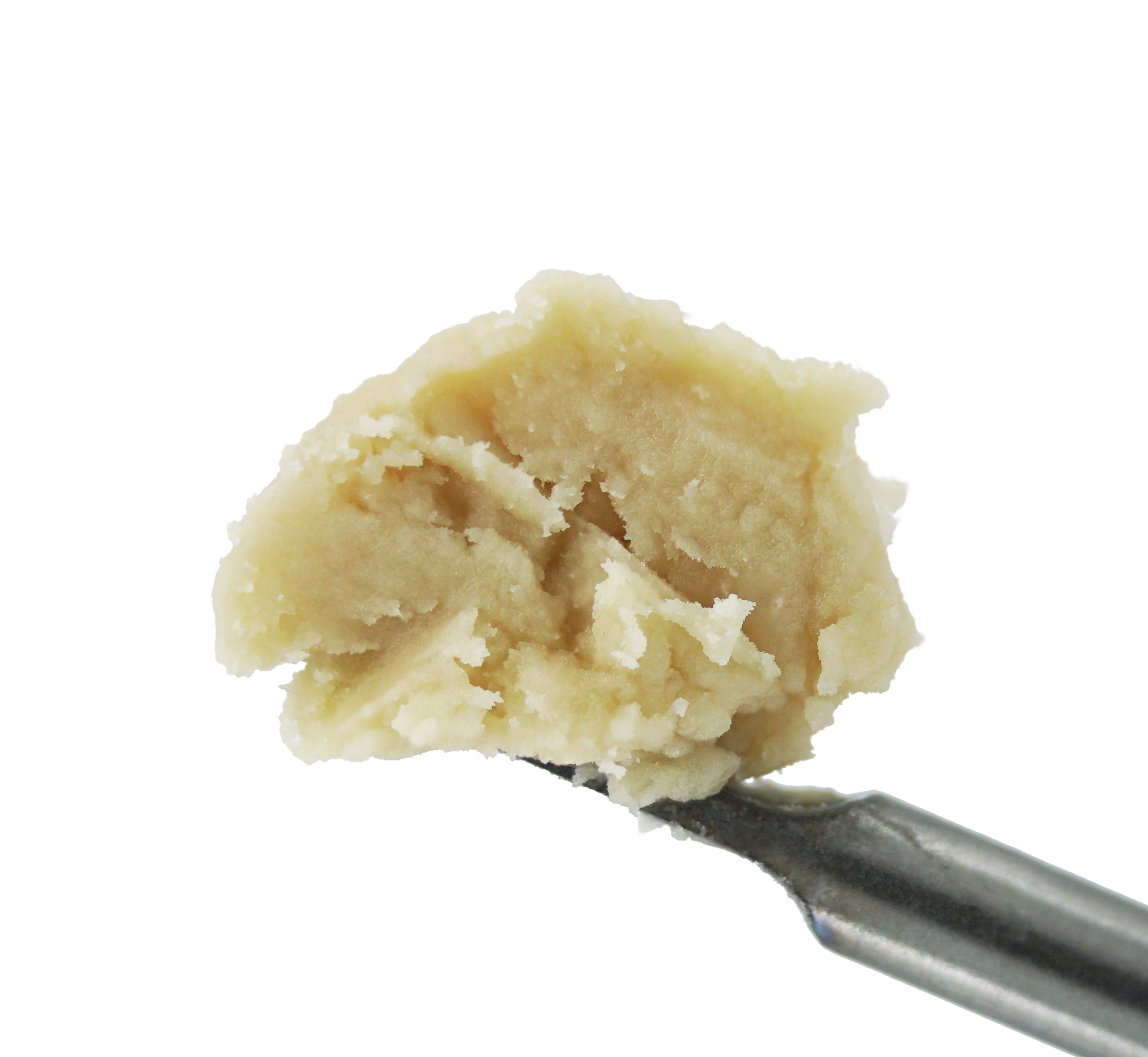 A close-up of a metal spoon holding a scoop of beige rosin, evoking the tropical candy flavor of Pink Zkittlez THCa Hash Rosin by roz from frasier, against a white background.