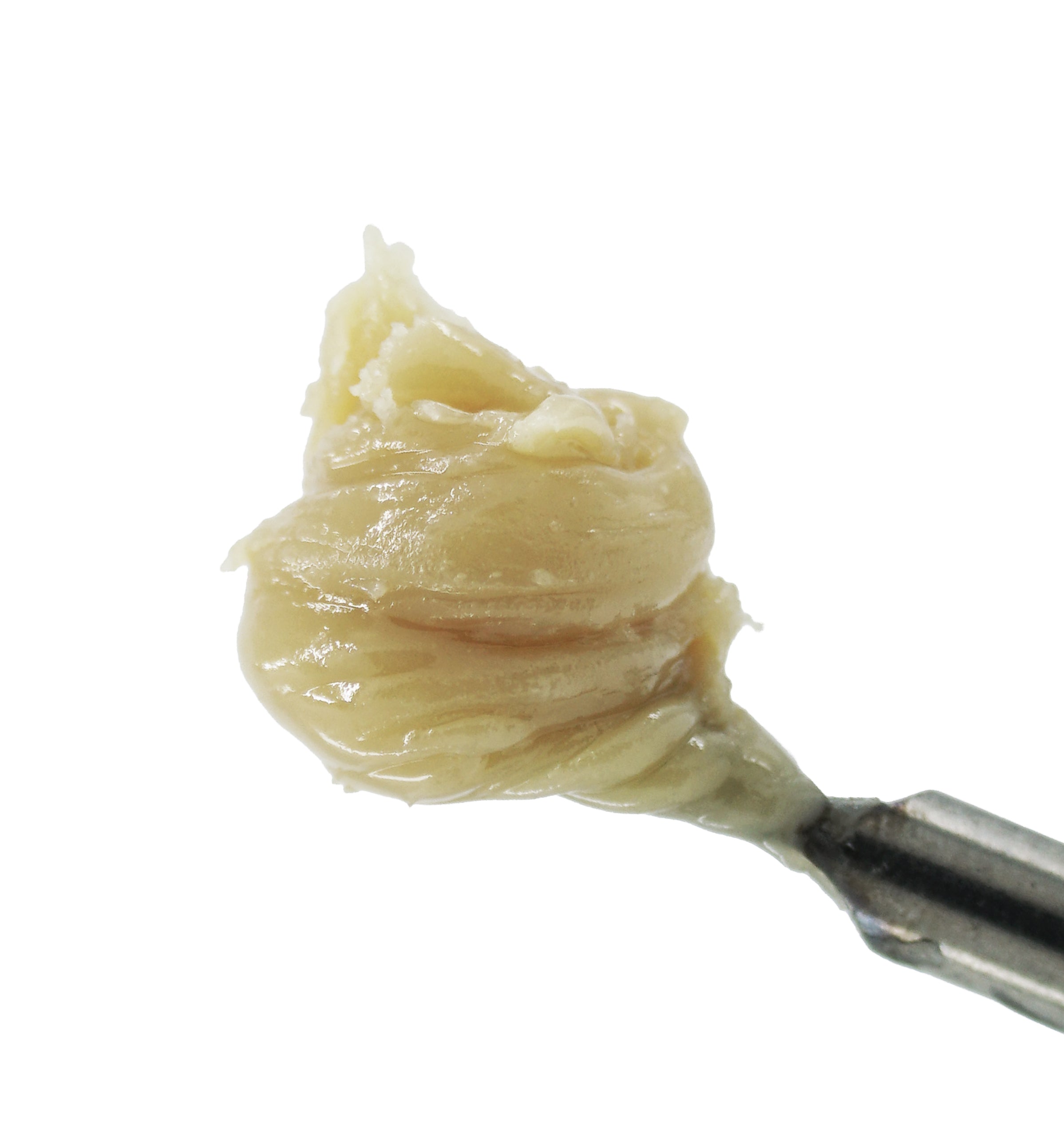A close-up of Cement Shoes THCa Hash Rosin by roz from frasier—a thick, yellowish dollop on a metal tool, isolated on white—evoking the heavy, couch-locked texture typical of an indica hybrid.